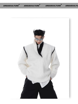 desc::oversized-v-neck-faux-mink-fur-sweater-contrast-knit-detail-img-2