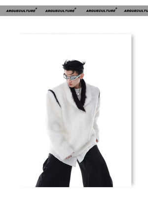 desc::oversized-v-neck-faux-mink-fur-sweater-contrast-knit-detail-img-6
