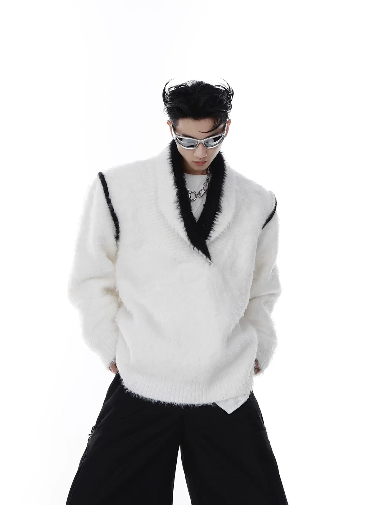 Front view of oversized V-neck faux mink fur sweater in white