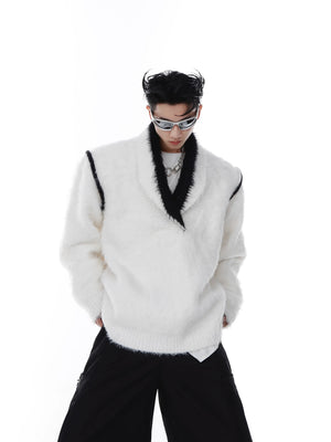 oversized-v-neck-faux-mink-fur-sweater-contrast-knit-white