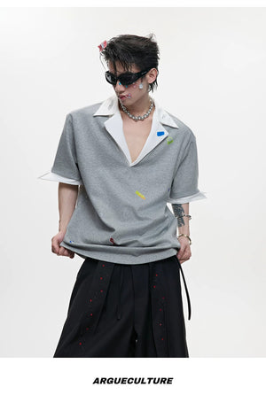 desc::oversized-v-neck-faux-two-piece-graphic-sticker-polo-tee-detail-img-9