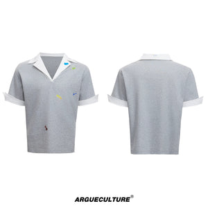 oversized-v-neck-faux-two-piece-graphic-sticker-polo-tee-gray