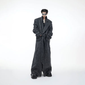 Side view of unisex light gray belted woolen overcoat