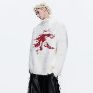 White oversized mock neck sweater with Year of the Horse design