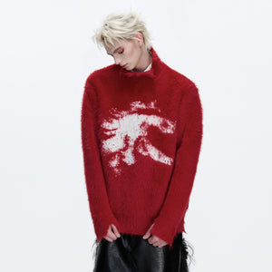 Red streetwear wool blend sweater with deconstructed patchwork