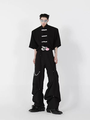 Back view of loose fit minimalist Chinese style short sleeve shirt