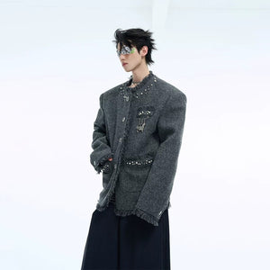 Men's black pearl-embellished tweed jacket in a luxury cropped fit.