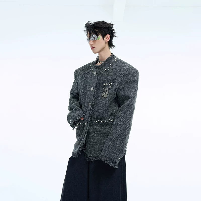 Men's black pearl-embellished tweed jacket in a luxury cropped fit.