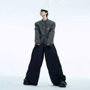 Back view of a structured luxury tweed jacket for fall streetwear.