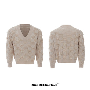 pearl-embellished-v-neck-deconstructed-knit-sweater-gray