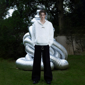 Back view of loose fit black faux mink hoodie for winter