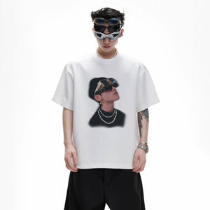 Front view of oversized gray graphic tee with pearl portrait print