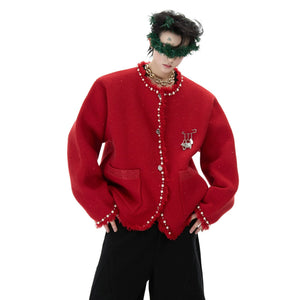 Front view of a luxury pearl embellished knit jacket in red