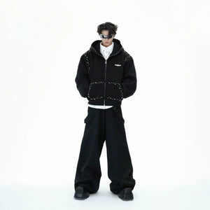 Back view of the baggy unisex hooded jacket in black