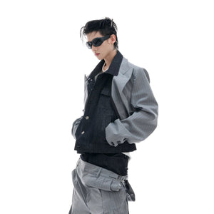 Close up of the matching pinstripe pants with double waistband and metal hardware