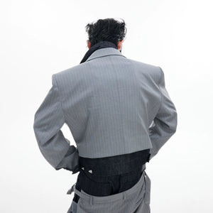 Full streetwear outfit featuring the deconstructed pinstripe and denim suit