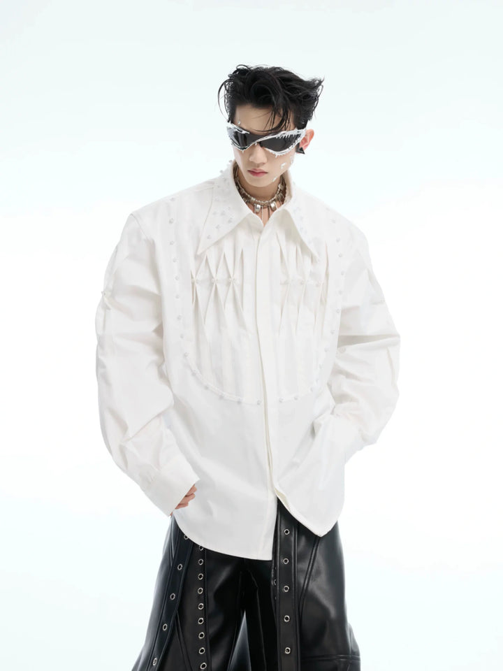 Pleated Pearl-Embellished Long-Sleeve Unisex Shirt - main image 1