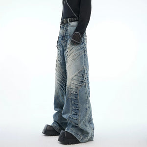 Front view of men's blue pleated wide-leg vintage jeans