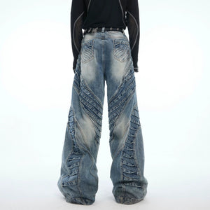 Texture detail of vintage stone-washed cotton denim fabric