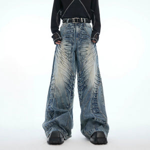 Model wearing loose fit wide-leg streetwear denim pants