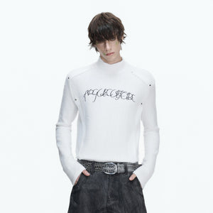 Side profile of white embroidered mock neck tee showing slim fit