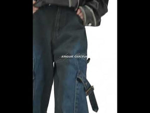 360-degree video showcasing the edgy metal buckles, distressed details, and premium craftsmanship of these vintage flare jeans