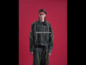 360-degree video showing all features of the oversized distressed denim jacket with deconstructed details