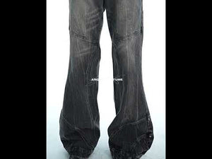 360-degree video showcase of gray washed deconstructed flared jeans highlighting all unique design features