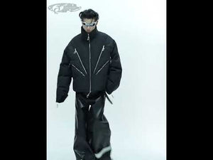 360-degree video showcasing all angles of this heavyweight cropped puffer jacket with multiple zipper details