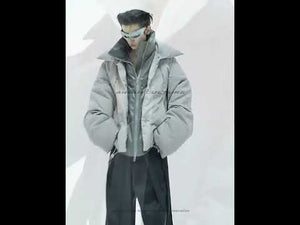 360-degree video showcase of glossy metallic-button puffer jacket with two-tone streetwear design