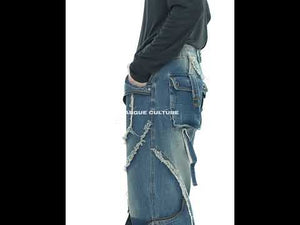 360-degree video showcasing how to style these distressed double-layer jeans with raw hem details