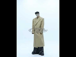360-degree video showcasing the deconstructed wool trench coat's oversized shoulders and premium fabric
