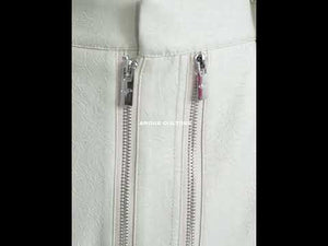 360-degree video showcasing the crocodile-textured straight-leg trousers with dual metal zippers in motion