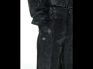 360-degree video showcasing the heavyweight straight-leg pants with metallic accents and premium fabric details