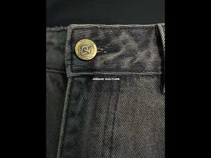 360-degree video showing all features of distressed vintage jeans with removable belt and flare legs