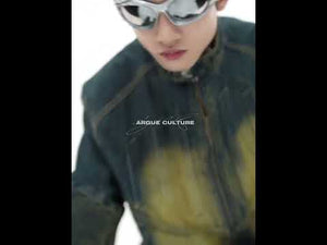360-degree video showing all angles of the 3D embossed distressed denim jacket with deconstructed streetwear details