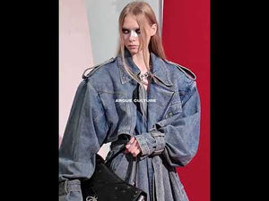 360-degree video showcasing the distressed wash and double-breasted design of this oversized denim trench coat