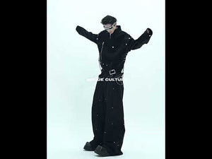 360-degree video showcasing the glossy shoulder pads and deconstructed military collar of this streetwear jacket
