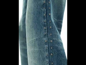 360-degree video showing all distressed details and metal stud embellishments on vintage flare jeans