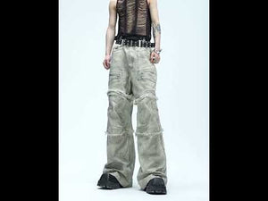 360-degree video showing all angles of vintage washed cargo pants with tie-dye effect and deconstructed details