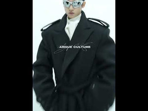 360-degree video showcasing all angles of the oversized wool overcoat with belt detailing