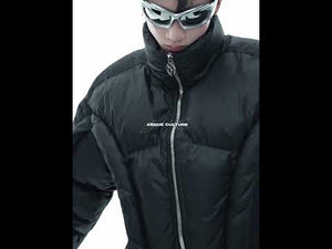 360-degree video showing all angles of this oversized deconstructed puffer jacket with streetwear design