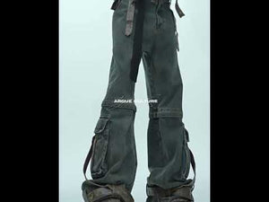 Video showcasing all angles of the detachable patchwork vintage jeans with PU saddle straps