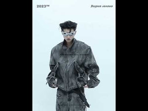 360-degree video showcasing all features of the distressed denim set including zippered pockets and removable shoulder pads