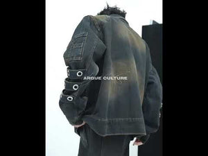 360-degree video showcasing the distressed denim jacket and cargo pants set with all design features