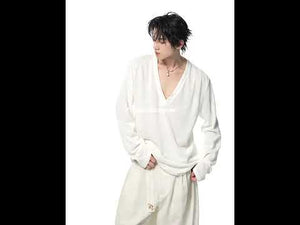 Deep V-Neck Linen-Blend Long-Sleeve T-Shirt video