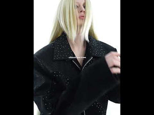 360-degree video showcasing the croc-embossed bomber jacket with metal studs and alligator splicing details