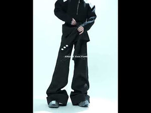 360-degree product video showing all angles of these unique industrial-style trousers with metal hardware