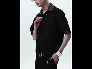 360-degree video showcase of deconstructed PU leather sleeve tee with studded cargo pants streetwear set