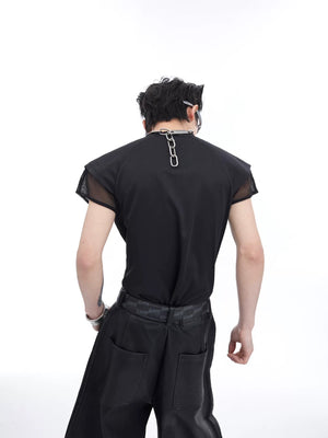 Back view of a white deconstructed mesh vest for men